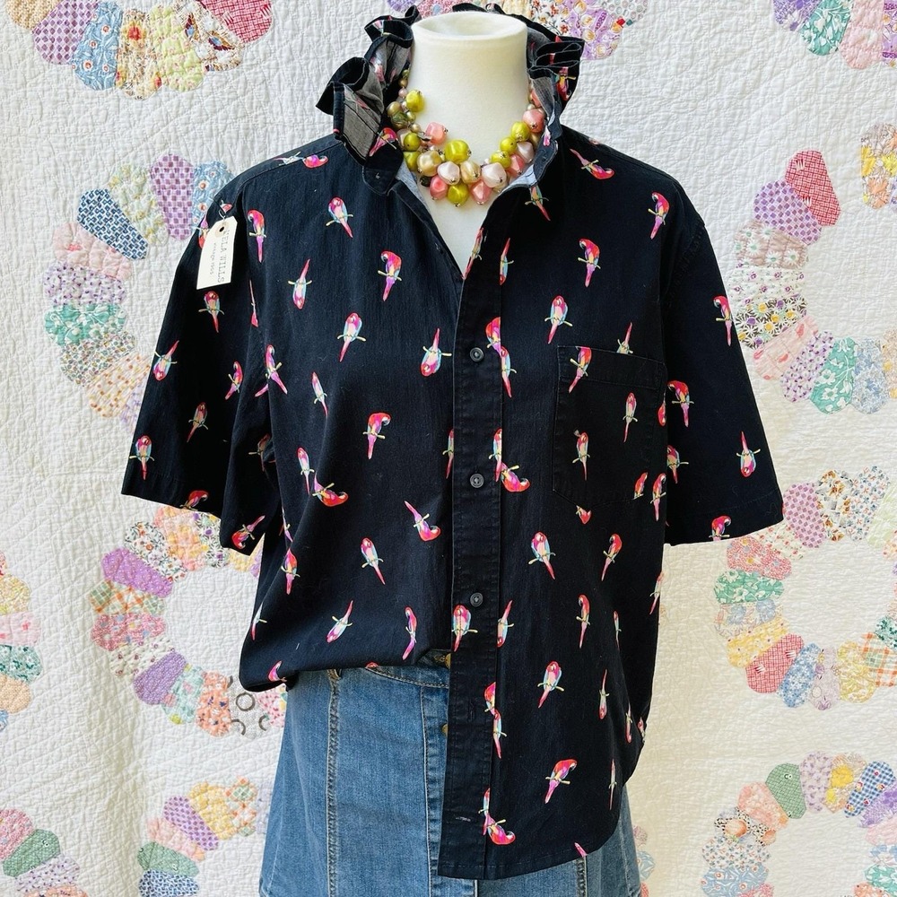 Black Hawaiian Aloha Hot Pink Parrots Print Short Sleeve Upcycled Camp Shirt XL